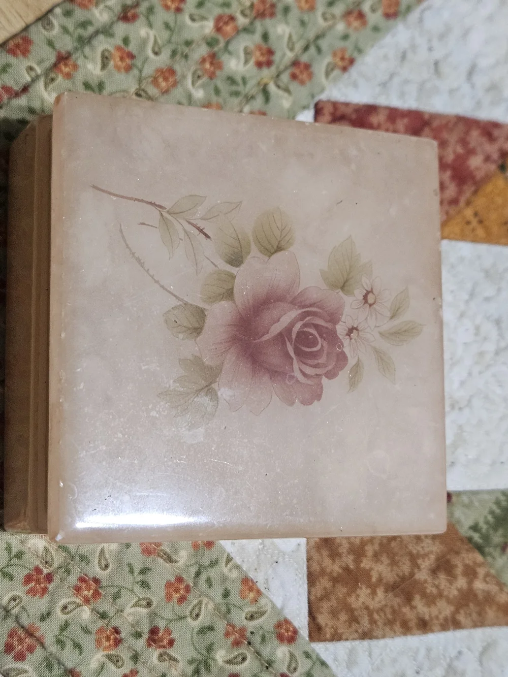Vintage, Hand-carved Italian Alabaster Trinket Box featuring a Painted Pink Rose